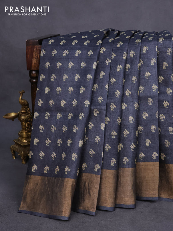 Pure tussar silk saree elephant grey with allover butta prints and zari woven border