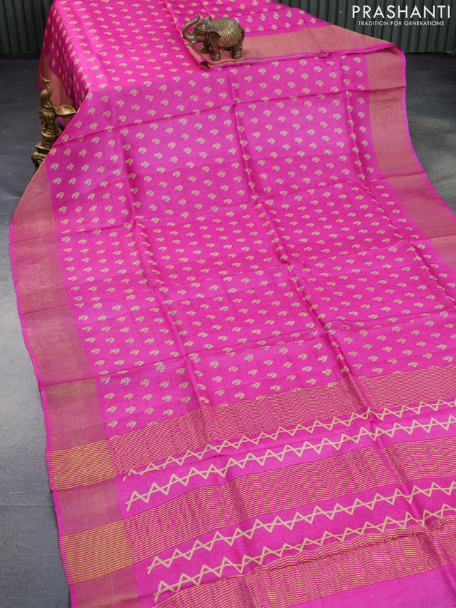 Pure tussar silk saree pink with allover butta prints and zari woven border