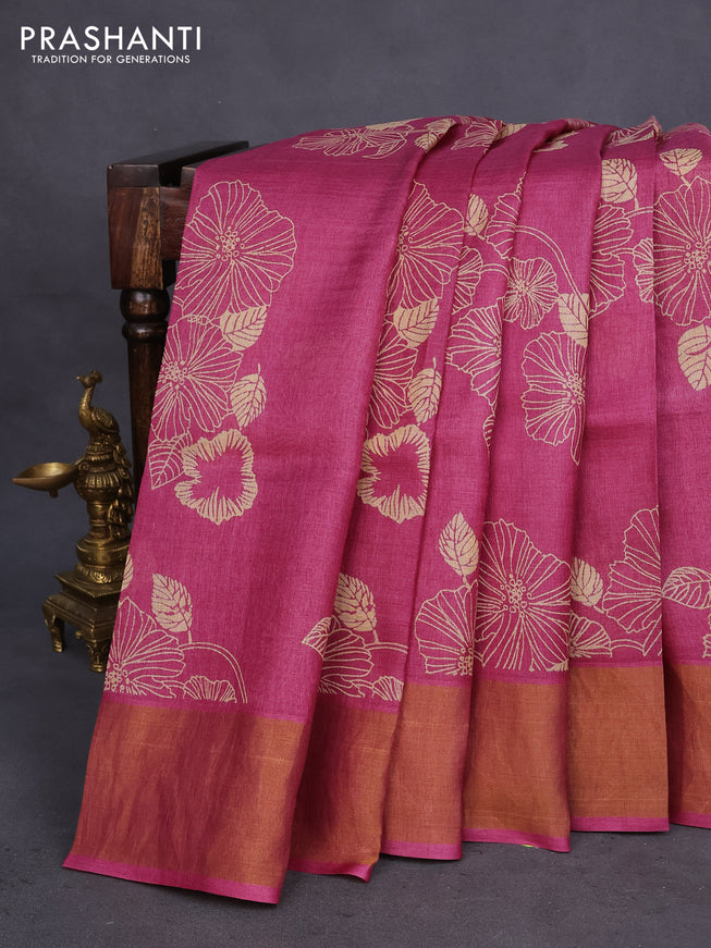 Pure tussar silk saree magenta pink with allover floral butta prints and zari woven border