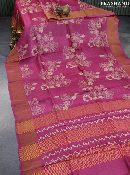 Pure tussar silk saree magenta pink with allover floral butta prints and zari woven border