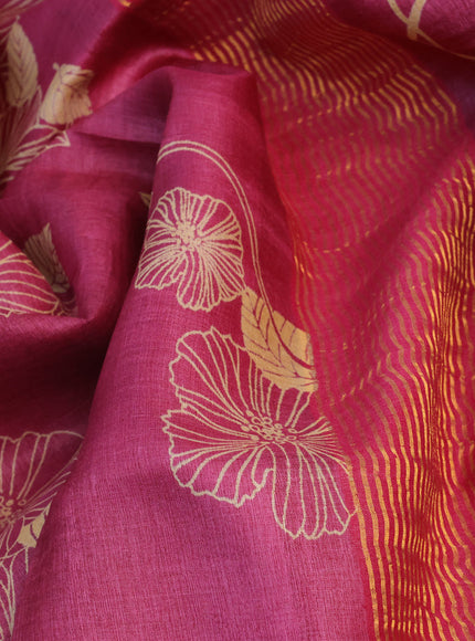 Pure tussar silk saree magenta pink with allover floral butta prints and zari woven border