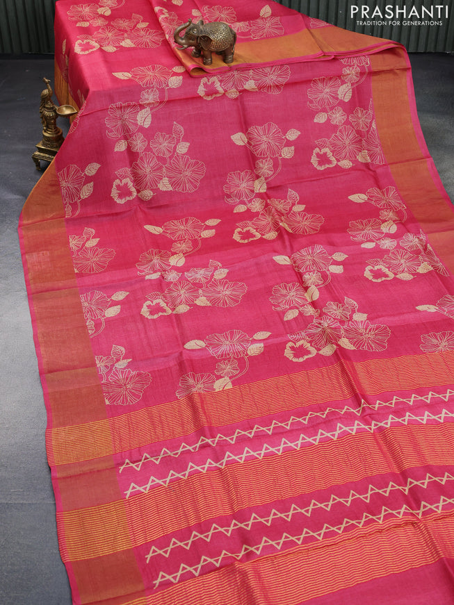 Pure tussar silk saree pink with allover floral butta prints and zari woven border