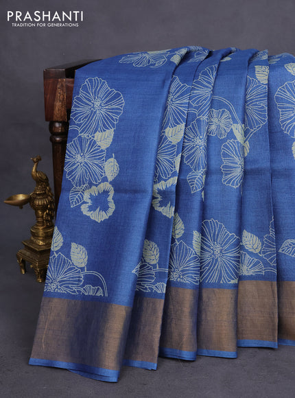 Pure tussar silk saree blue with allover floral butta prints and zari woven border