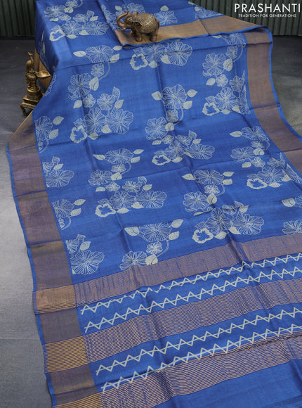 Pure tussar silk saree blue with allover floral butta prints and zari woven border