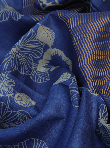 Pure tussar silk saree blue with allover floral butta prints and zari woven border