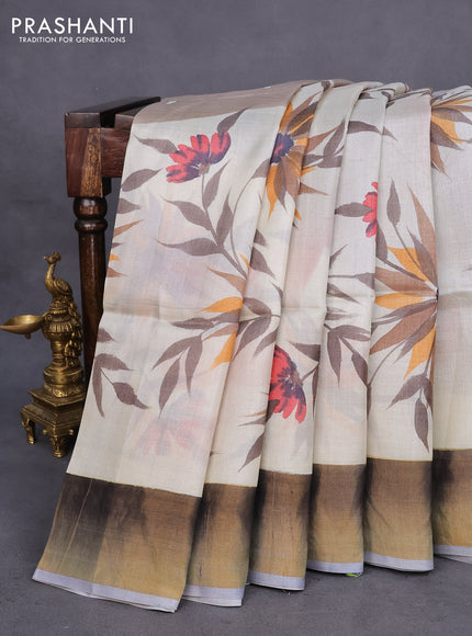 Pure tussar silk saree cream and grey with allover floral hand painted prints and zari woven border