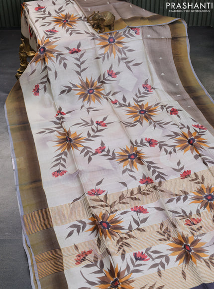 Pure tussar silk saree cream and grey with allover floral hand painted prints and zari woven border