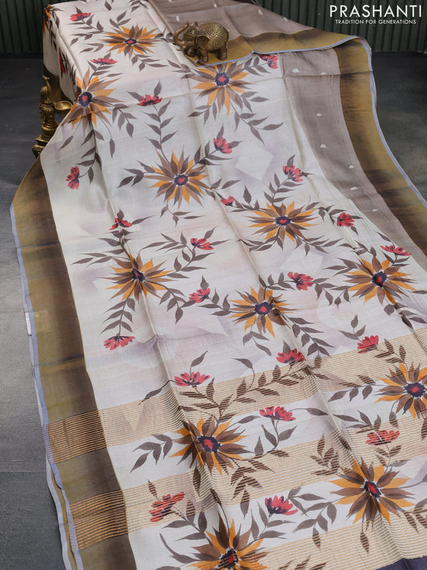 Pure tussar silk saree cream and grey with allover floral hand painted prints and zari woven border