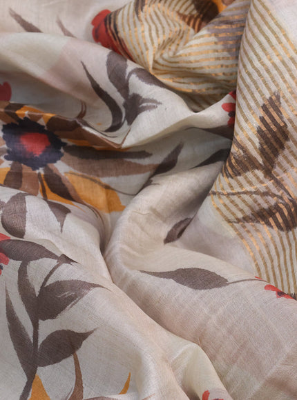 Pure tussar silk saree cream and grey with allover floral hand painted prints and zari woven border