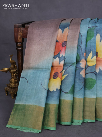 Pure tussar silk saree bluish grey and green with allover floral hand painted prints and zari woven border