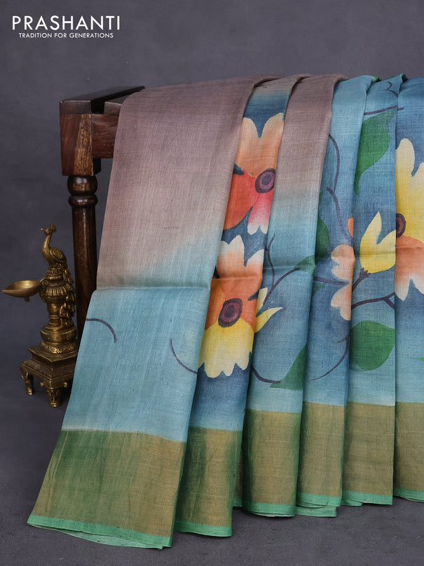 Pure tussar silk saree bluish grey and green with allover floral hand painted prints and zari woven border