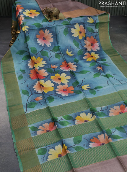 Pure tussar silk saree bluish grey and green with allover floral hand painted prints and zari woven border