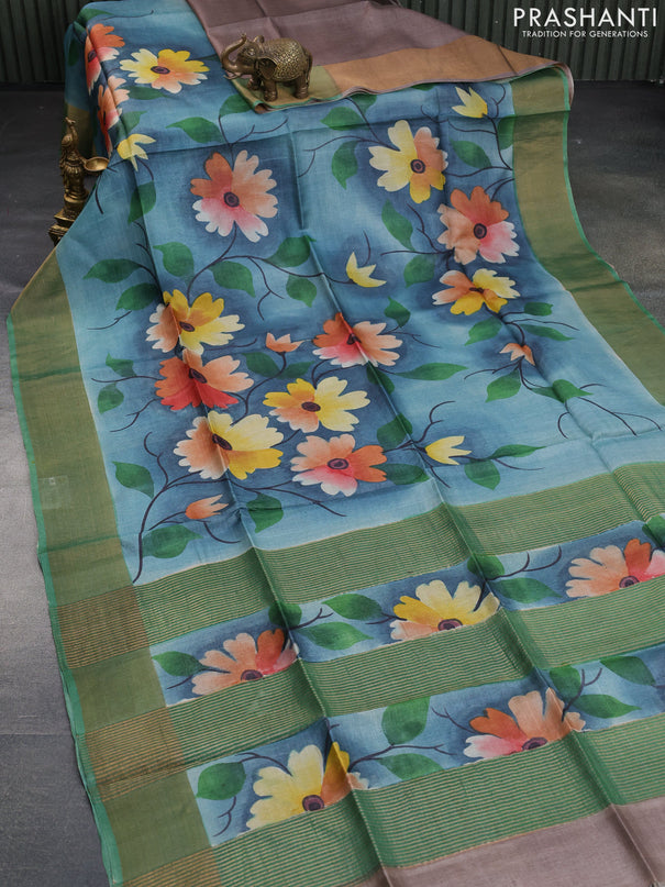 Pure tussar silk saree bluish grey and green with allover floral hand painted prints and zari woven border