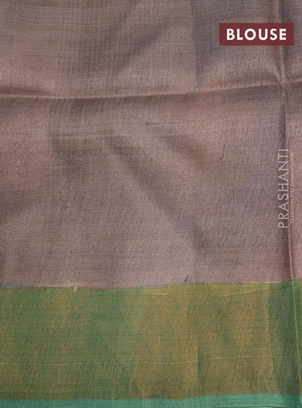 Pure tussar silk saree bluish grey and green with allover floral hand painted prints and zari woven border