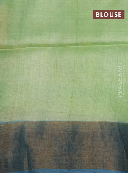 Pure tussar silk saree light green and peacock blue with allover floral hand painted prints and zari woven border