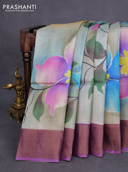 Pure tussar silk saree greyish blue and violet with allover floral hand painted prints and zari woven border