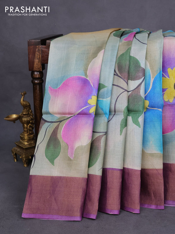 Pure tussar silk saree greyish blue and violet with allover floral hand painted prints and zari woven border