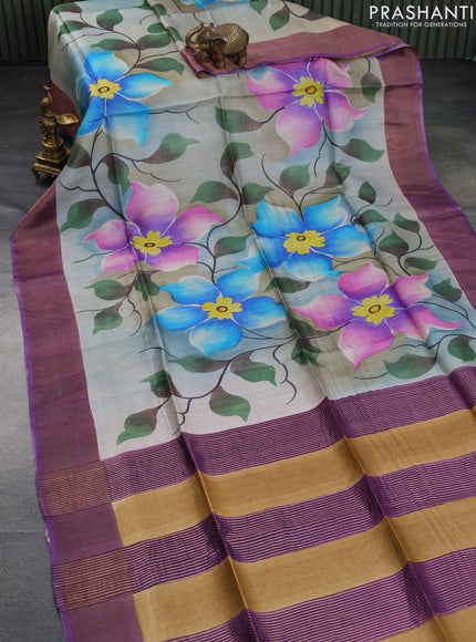 Pure tussar silk saree greyish blue and violet with allover floral hand painted prints and zari woven border