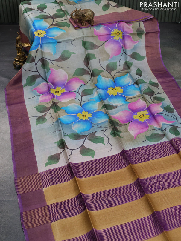 Pure tussar silk saree greyish blue and violet with allover floral hand painted prints and zari woven border