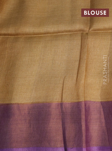 Pure tussar silk saree greyish blue and violet with allover floral hand painted prints and zari woven border