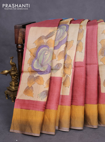 Pure tussar silk saree maroon shade and brown shade with allover hand painted prints and zari woven border