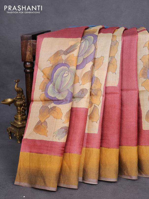 Pure tussar silk saree maroon shade and brown shade with allover hand painted prints and zari woven border