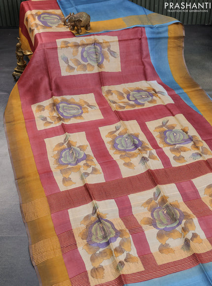 Pure tussar silk saree maroon shade and brown shade with allover hand painted prints and zari woven border