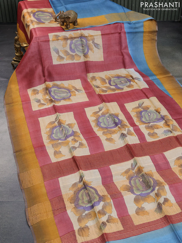 Pure tussar silk saree maroon shade and brown shade with allover hand painted prints and zari woven border