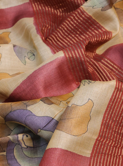 Pure tussar silk saree maroon shade and brown shade with allover hand painted prints and zari woven border