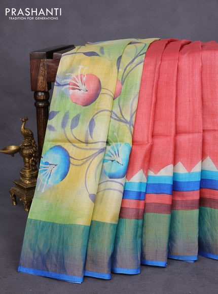 Pure tussar silk saree multi colour and blue with allover hand painted prints and zari woven border