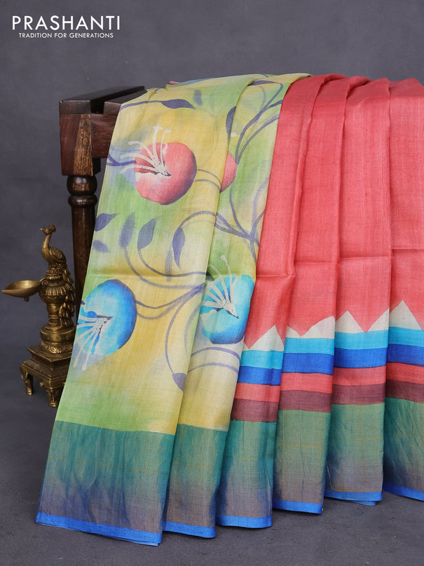 Pure tussar silk saree multi colour and blue with allover hand painted prints and zari woven border