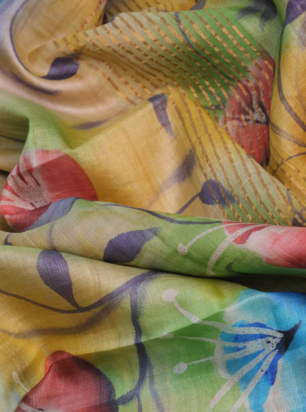 Pure tussar silk saree multi colour and blue with allover hand painted prints and zari woven border