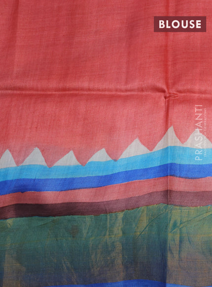 Pure tussar silk saree multi colour and blue with allover hand painted prints and zari woven border