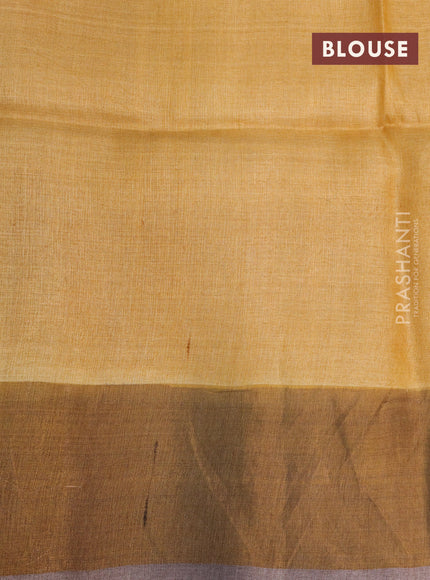 Pure tussar silk saree green shade and pastel brown with allover floral hand painted prints and zari woven border