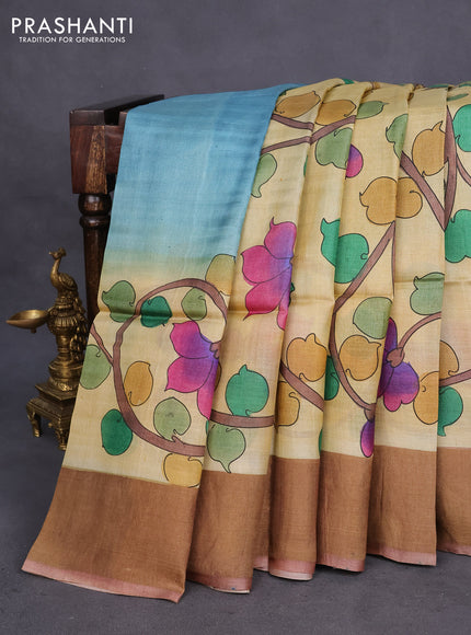 Pure tussar silk saree sandal and pastel brown with allover kalamkari hand painted prints and zari woven border