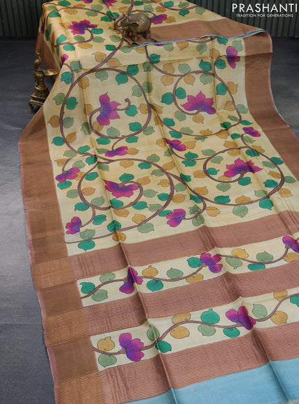 Pure tussar silk saree sandal and pastel brown with allover kalamkari hand painted prints and zari woven border