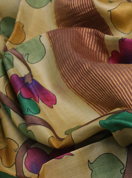 Pure tussar silk saree sandal and pastel brown with allover kalamkari hand painted prints and zari woven border