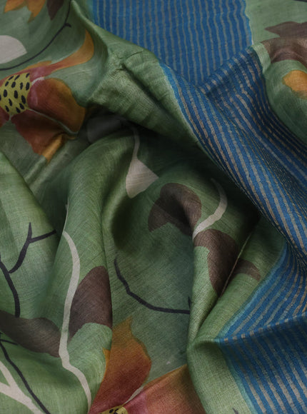 Pure tussar silk saree pastel green and peacock blue with allover floral hand painted prints and zari woven border