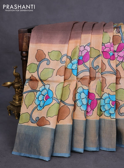 Pure tussar silk saree peach shade and peacock blue with allover kalamkari hand painted prints and zari woven border