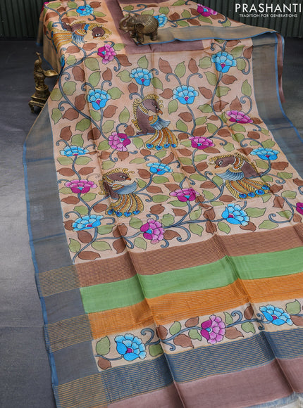 Pure tussar silk saree peach shade and peacock blue with allover kalamkari hand painted prints and zari woven border