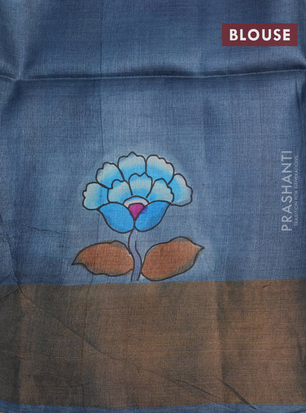 Pure tussar silk saree peach shade and peacock blue with allover kalamkari hand painted prints and zari woven border