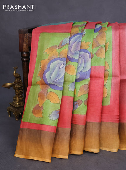 Pure tussar silk saree green red and mustard shade with allover floral hand painted prints and zari woven border