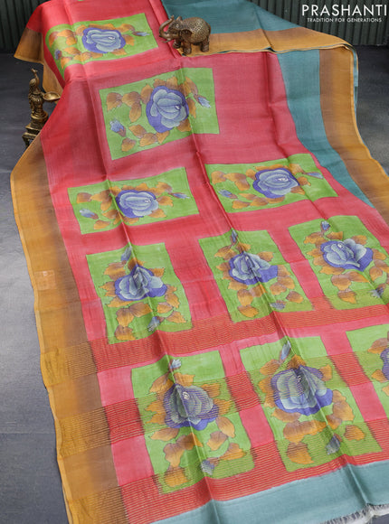 Pure tussar silk saree green red and mustard shade with allover floral hand painted prints and zari woven border