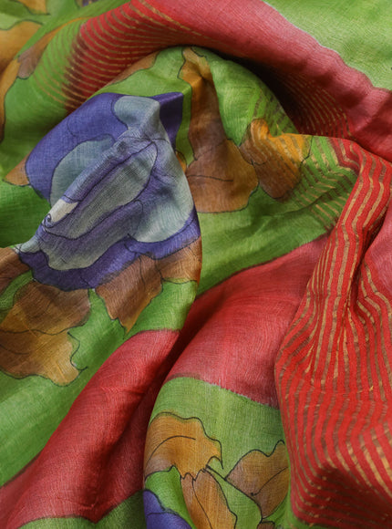 Pure tussar silk saree green red and mustard shade with allover floral hand painted prints and zari woven border