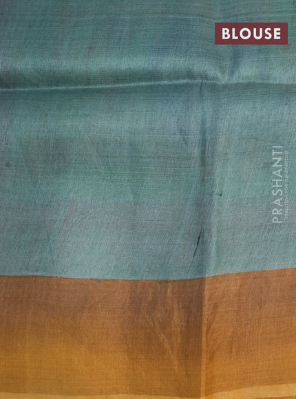 Pure tussar silk saree green red and mustard shade with allover floral hand painted prints and zari woven border