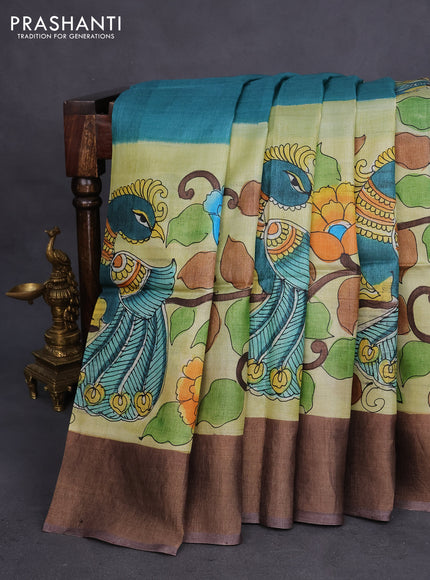 Pure tussar silk saree peacock green pastel green and brown with allover kalamkari hand painted prints and zari woven border