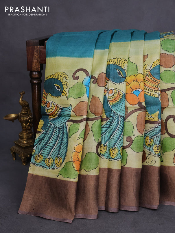 Pure tussar silk saree peacock green pastel green and brown with allover kalamkari hand painted prints and zari woven border