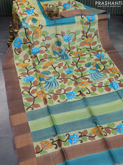 Pure tussar silk saree peacock green pastel green and brown with allover kalamkari hand painted prints and zari woven border