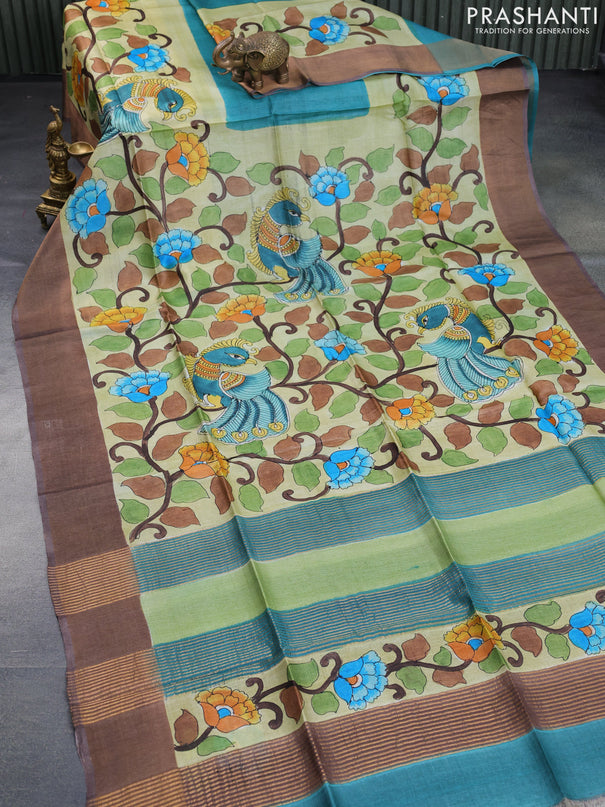 Pure tussar silk saree peacock green pastel green and brown with allover kalamkari hand painted prints and zari woven border