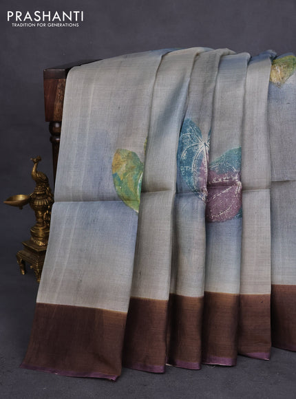 Pure tussar silk saree grey and deep jamun shade with allover hand painted prints and zari woven border